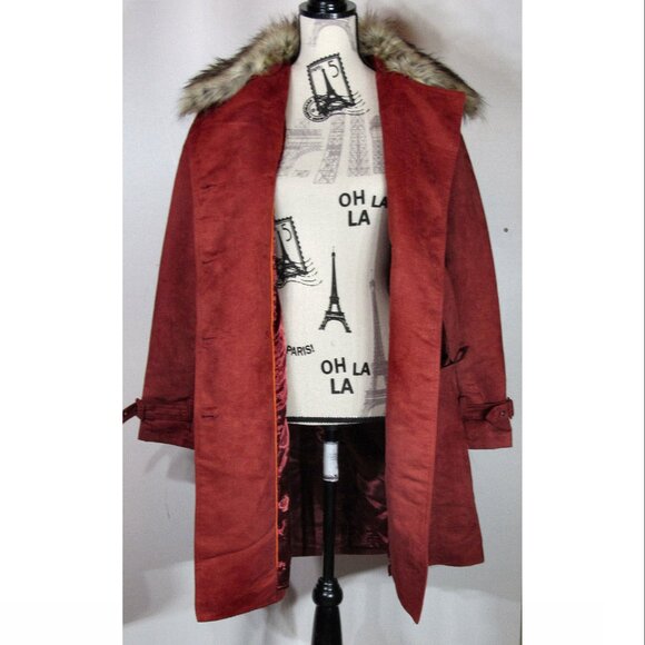 Steve Madden Faux Suede Faux Fur Collar Trench Coat, Red Orange Womens Size S - Picture 4 of 8
